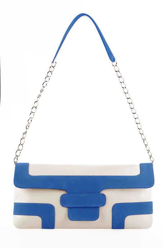Small dressy baguette bag in off white and electric blue leather - Top view